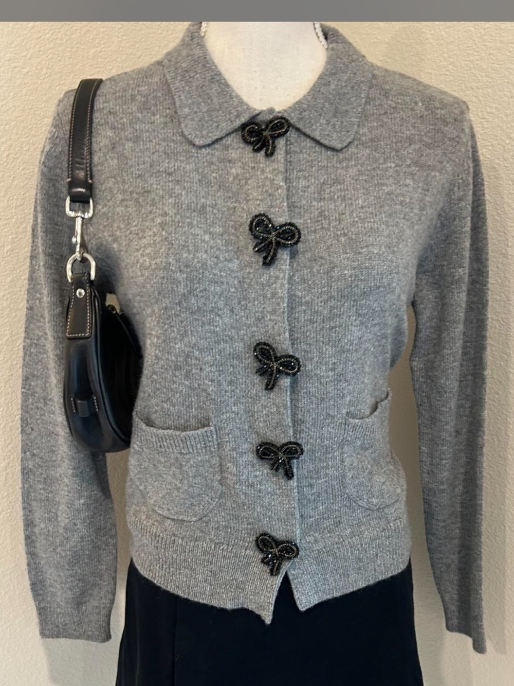 Zara Gray Bow-Button Knit Cardigan